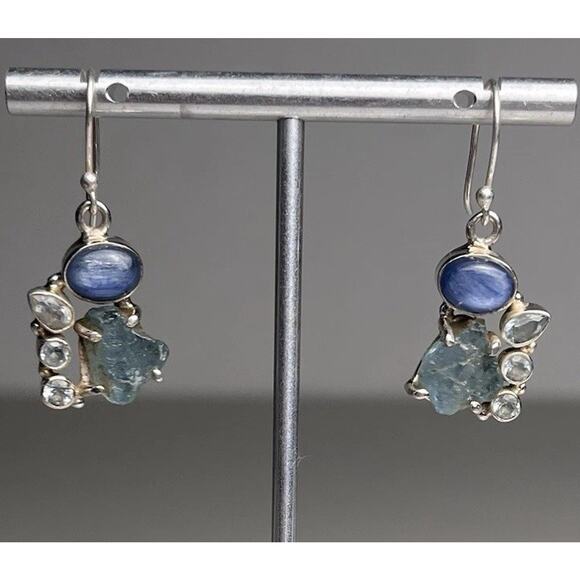 Sterling Silver 925 Earrings Rough Aquamarine Blue Topaz & Kyanite Hook Dangle - Picture 4 of 16